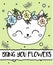 Doodle cat in flower wreath. Modern postcard, print design template. Inspirational greeting card