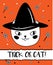 Doodle cat in Halloween hat. Modern postcard, print design template. Inspirational greeting card
