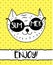 Doodle cat in summer sunglasses. Modern postcard, flyer design template