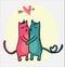 Doodle cats kissing with heart flying in love frame