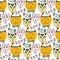 Doodle cats pattern. Hand drawn colorful seamless page. Vector art.
