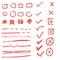 Doodle check marks and underlines. Hand drawn red strokes and pen markings V marks for list items vector