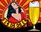 Doodle with a cheerful woman drinks wine from a bottle. Comics style. City on background. Text Friday. Beer glass. Vector image