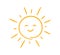 Doodle childish sun icon. Scribble yellow sun with rays and smile symbol. Doodle funny children drawing. Hand drawn