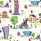 Doodle city colored seamless pattern