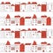 Doodle city seamless pattern in white and red colors.