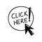 Doodle click here button. Hand drawn sketch cursor icon. Web site register. Freehand vector illustration of mouse cursor