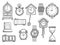 Doodle clocks. Watches timer alarm vector drawings illustrations set