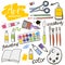 Doodle colored art materials collection. Hand drawn art icons set. Vector Illustration.