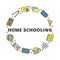 Doodle colored education, e-learning icons in circle.