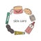 Doodle colored skin care icons including sponge, face cream, bottle of serum, lip balm, nose mask composed in circle shape