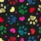 Doodle colorful paw prints with hearts seamless fabric design pattern vector