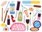 Doodle cosmetics. Salon cosmetic, facial brushes and manicure equipment. Various skin care products, lipstick and lotion