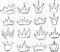 Doodle crowns. Line art king or queen crown sketch, fellow crowned heads tiara, beautiful diadem and luxurious decals vector