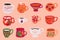 Doodle cups. Mugs for coffee, tea and other hot drinks with minimalistic abstract textures. Vector crockery set