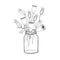 Doodle cute aquilegias, viburnum, popover fruits in jar. Monochrome sketch beautiful decorative plant