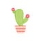 Doodle cute blooming cactus in a striped pot. Perfect print for T-shirt, stickers, poster. Hand drawn isolated vector illustration