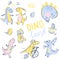 Doodle cute Dinosaurs collection. Funny cute kid drawn characters. Vector illustration