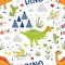 Doodle dinosaur pattern. Seamless fabric print, trendy hand drawn textile design, cute childish dragons. Vector