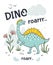 Doodle dinosaur poster. Cute cartoon animal character, hand drawn friendly baby dragon. Vector sketch print design