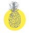 Doodle drawn stylized pineapple fruits on lemon round form isolated on white.