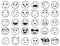 Doodle emoji set. Doodles image pictograms, Smile emotion funny faces, happy fun emoticon line icons, sad hand drawn