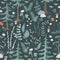 Doodle fairy woodland seamless pattern. Hand drawn forest plants on the dark background. Scandinavian style drawing of