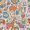 Doodle fantasy forest creatures seamless pattern, cute background