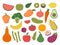 Doodle farm vegetables fruits. Colorful vegetable, flat diet carrot lemon broccoli. Cooking raw food, color cartoon
