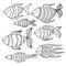 Doodle fishes collection. Coloring book page
