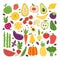 Doodle flat fruits and vegetables. Hand drawn berries potato onion tomato apples, vegetarian set. Vector fruits doodle