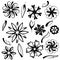 Doodle flower in black line vector set on white background