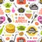 Doodle food pattern. Menu seamless background, vector hand drawn restaurant and cafe poster with sketch kitchen elements