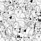 Doodle forest animals black and white seamless pattern. Funny coloring page