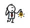 Doodle frightened stickman in office costume holding a lamp and going with upset face.