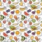 Doodle fruits seamless pattern. Hand drawn exotic fruits mango, orange and lemon, watermelon, banana and kiwi wallpaper