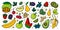 Doodle fruits. Summer apple, strawberry and cherry, orange, banana and blueberry, food. Sweet tropical products. Hand