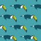 Doodle funny animal seamless pattern with simple toucan bird shapes. Blue background. Simple design