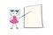 Doodle girl character with pointer in hand near empty presentation board. Cartoon template for conference, seminar or lecture.