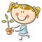 Doodle girl holding a plant in a pot on a white background. Gardening, nature, ecology. Vector illustration