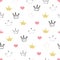 Doodle gold crown and hearts. Seamless little princess illustration pattern for fabric design