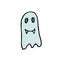 Doodle Halloween smiling ghost. Cartoon character with fangs