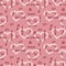 Doodle hand drawing seamless pattern on pink background . Words, phrases of love in Spanish, hearts, arrows, flowers, squiggles