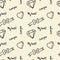 Doodle hand drawing seamless pattern. Words, phrases about love, hearts ribbons, bows, diamonds . Vector illustration