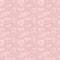 Doodle hand drawing seamless pattern. Words, phrases about love, hearts ribbons, bows, diamonds . White drawing on a delicate pink