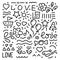 Doodle hand drawing vector illustration. Words of love, hearts, flowers, stars, balloons, design elements on a white background