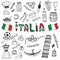 Doodle hand drawn collection of Italy icons. Italy culture elements for design. Vector travel set. Handwriting Italia lettering in