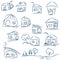 Doodle hand drawn houses. Pencil vector sketch. Dark blue houses