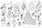 Doodle hand drawn set with funny snowmen, snow trees, house and Christmas decorations