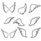 Doodle hand drawn Sketch angel wings. Angel feather wing, bird tattoo silhouette. Linear fly winged angels, flying heaven cartoon